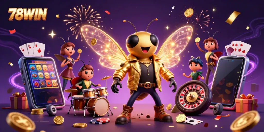 Experience the excitement of 78WIN with a vibrant 3D casino scene featuring a rock star cicada and dynamic game elements.