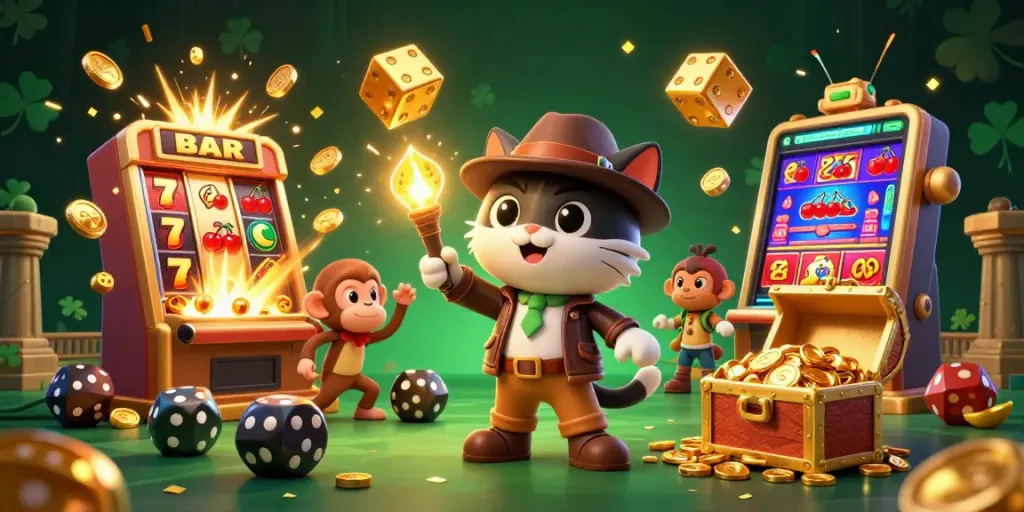 Experience the thrill of TA88 with a cartoon cat explorer and jackpot explosions in this vibrant casino illustration.