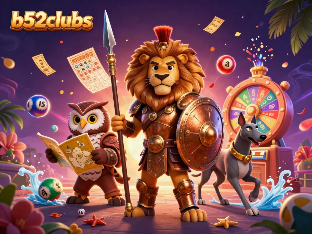Bets come alive at b52clubs with a lion, owl, and greyhound in a vibrant casino illustration.