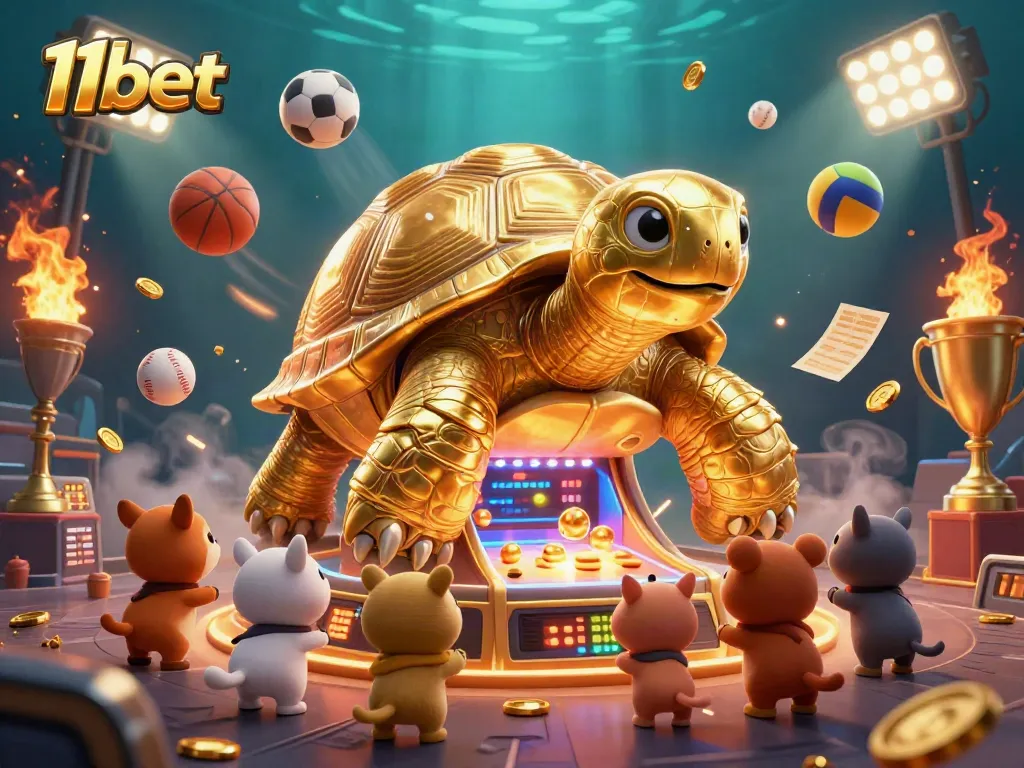 Players engaging with 11bet's dynamic casino scene featuring sports elements and a golden tortoise pinball.