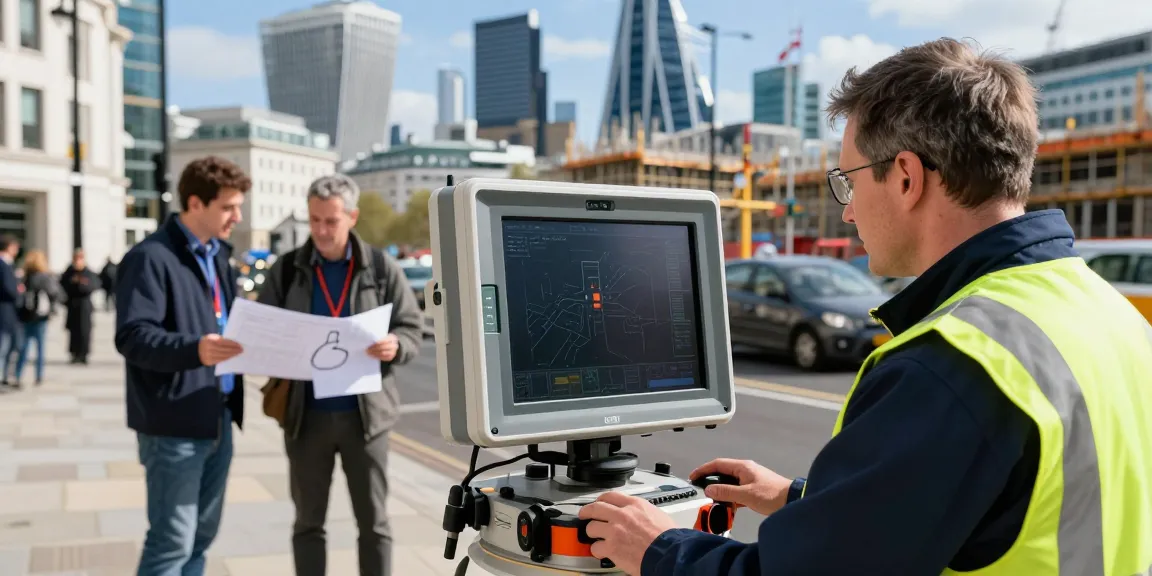 Technician conducting GPR surveys London with radar device in urban setting.
