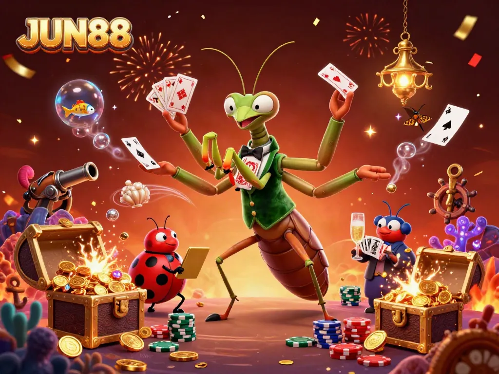 Engage with thrilling gameplay at JUN88, featuring a vibrant casino scene with energetic characters and festive elements.