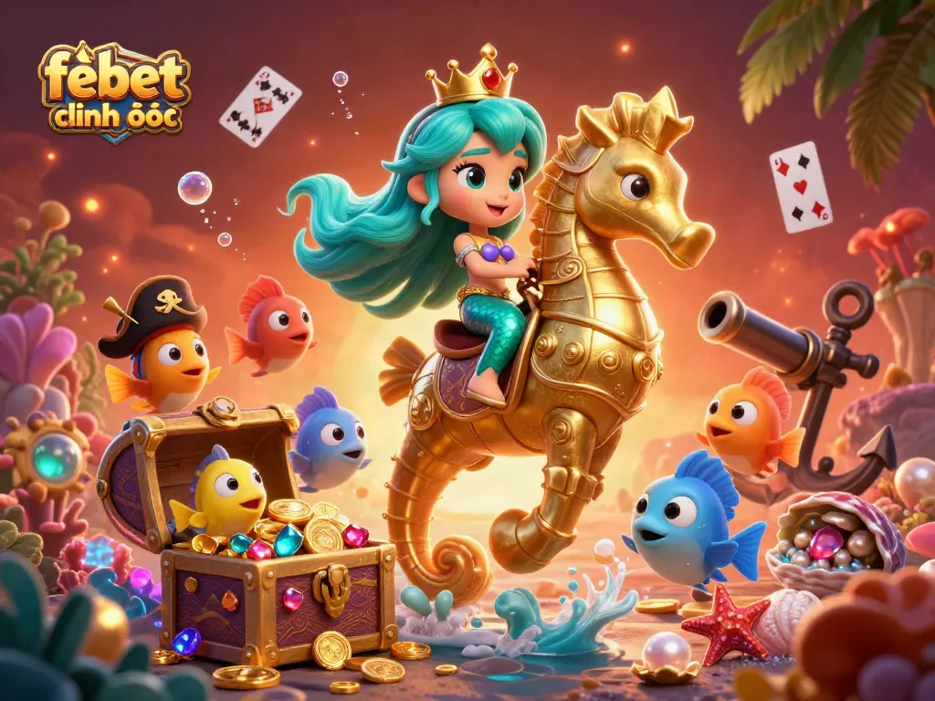 Engaging 3D scene demonstrating febet chính thức with a mermaid princess and treasure elements in a vibrant underwater casino.