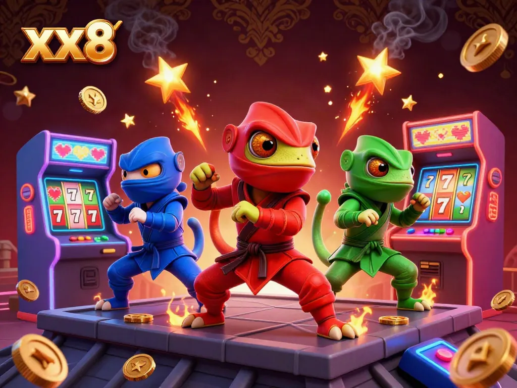 Engage with the vibrant xx8 gambling scene featuring ninja chameleons amidst slot reels and casino elements.