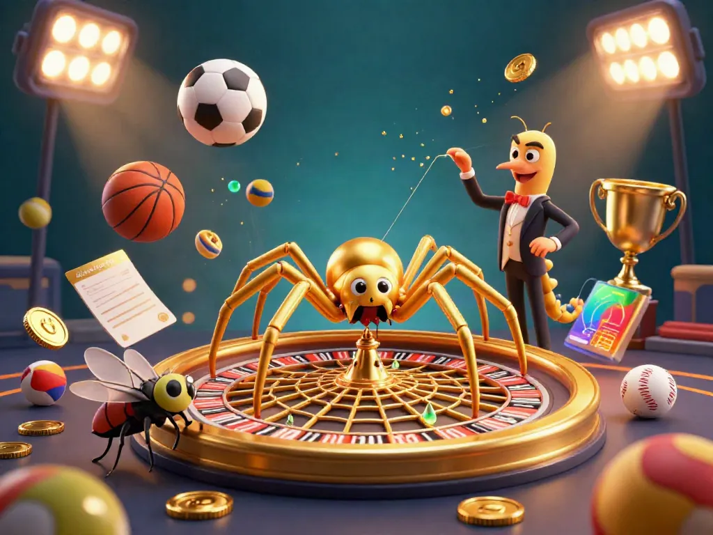 Engaging illustration of dự đoán kèo bóng đá featuring a golden spider web roulette wheel and a betting scene with sports elements.