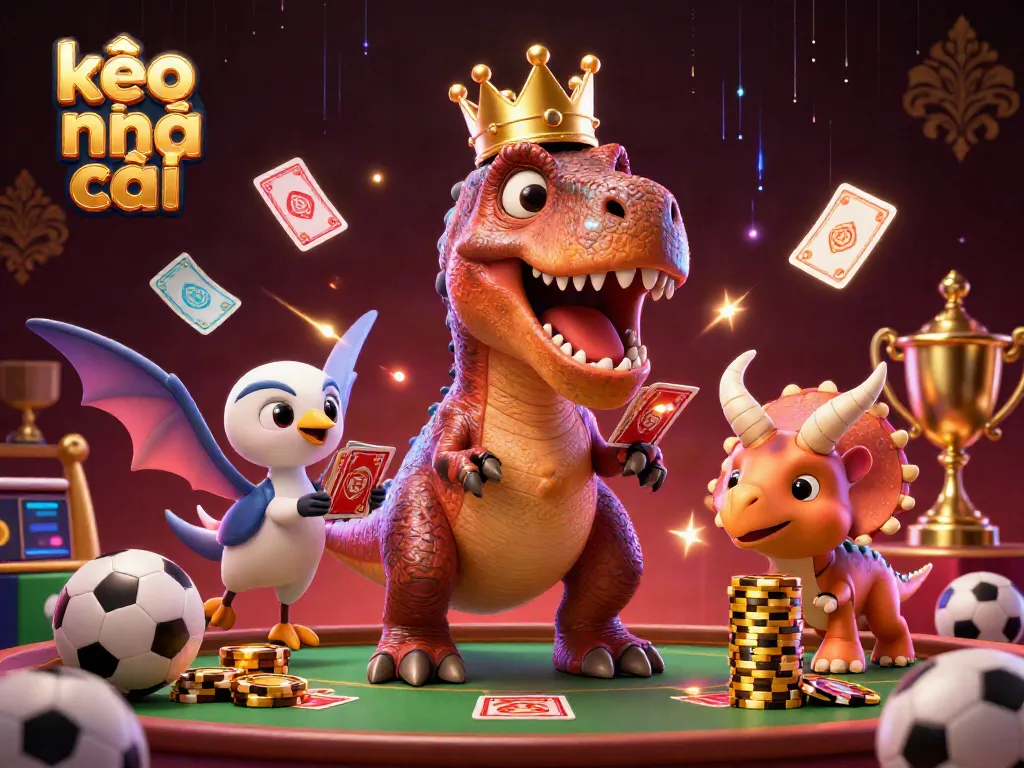 Engaging kèo nhà cái illustration featuring a friendly T-Rex and dinosaur friends involved in a lively sports betting scene.