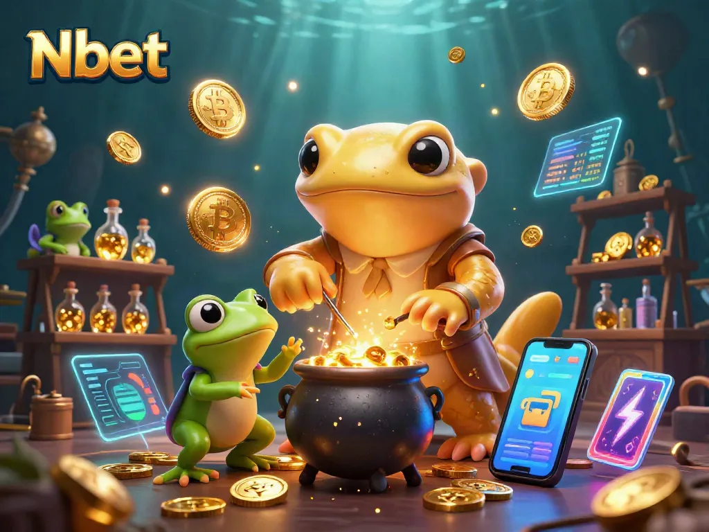 Experience Nbet with a dynamic illustration of an alchemist and crypto elements in an engaging casino scene.
