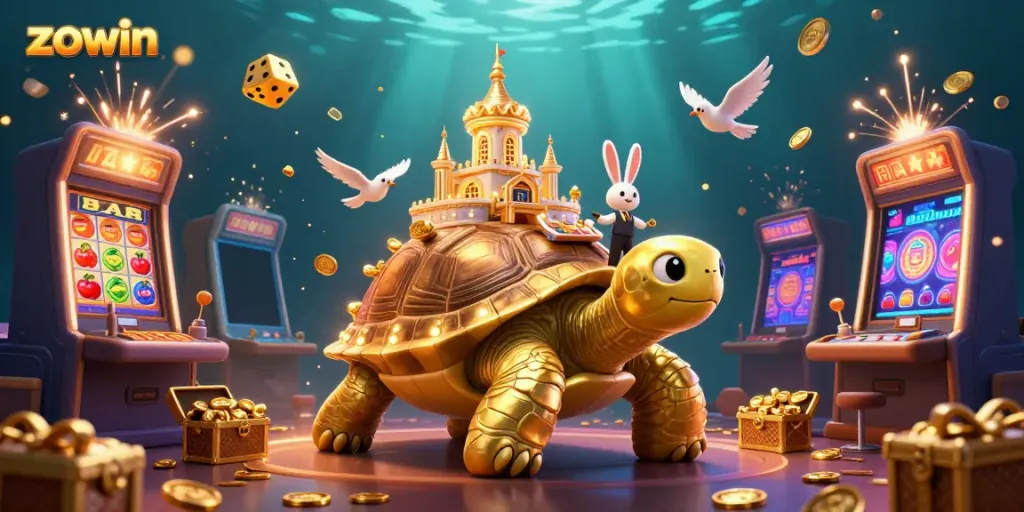 Zowin themed illustration of a golden tortoise casino with a rabbit dealer, bursting slot machines and coins