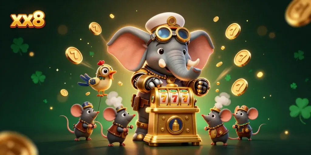 Experience the excitement of xx8 with a steampunk elephant and dynamic jackpot elements in a lively casino scene.