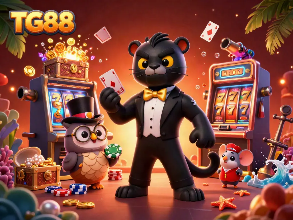 Engage with TG88's immersive casino experience depicted through stylish characters and dynamic gaming elements.