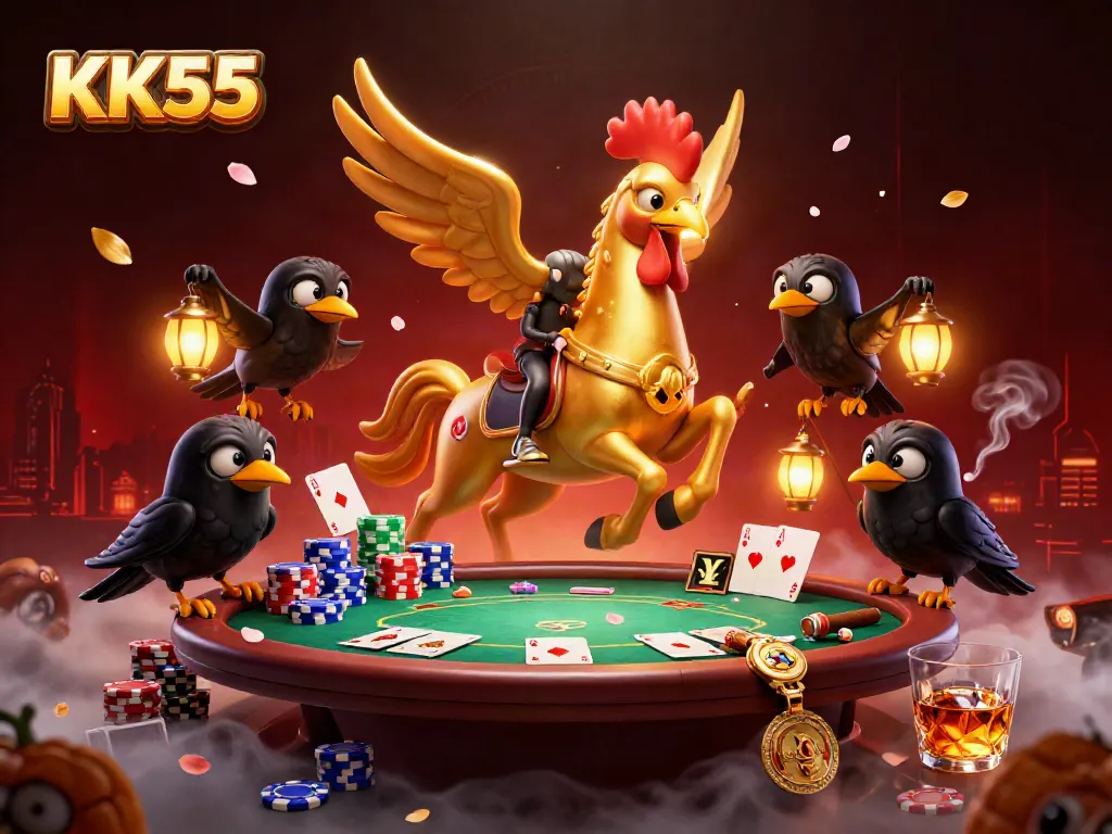 Experience KK55 in a vibrant casino scene with a golden rooster headless horseman, poker elements, and glowing lanterns.