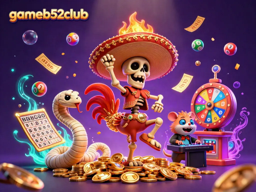 Experience the thrill of gameb52club with vibrant characters celebrating on a backdrop of winning elements.