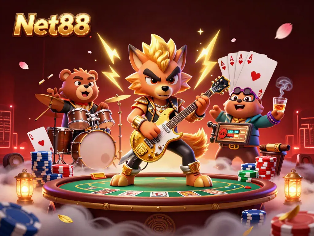 Experience the thrilling action of Net88 with vibrant poker elements and dynamic characters.