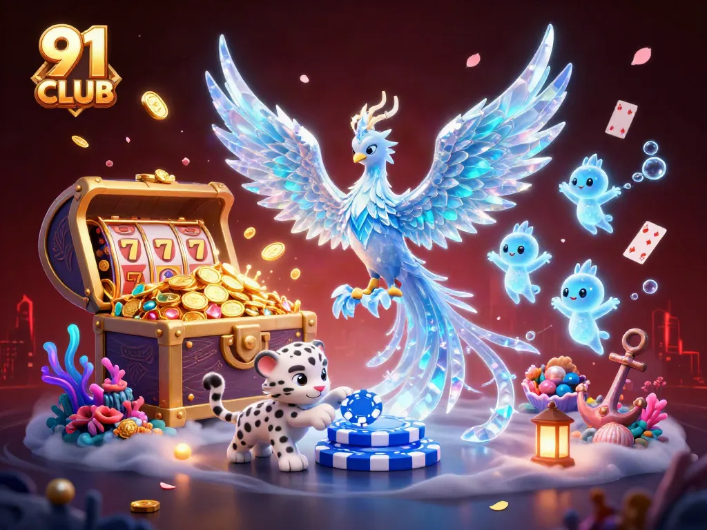 Experience the excitement of 91 CLUB with a vibrant illustration of lucky charms and thrilling gaming action.