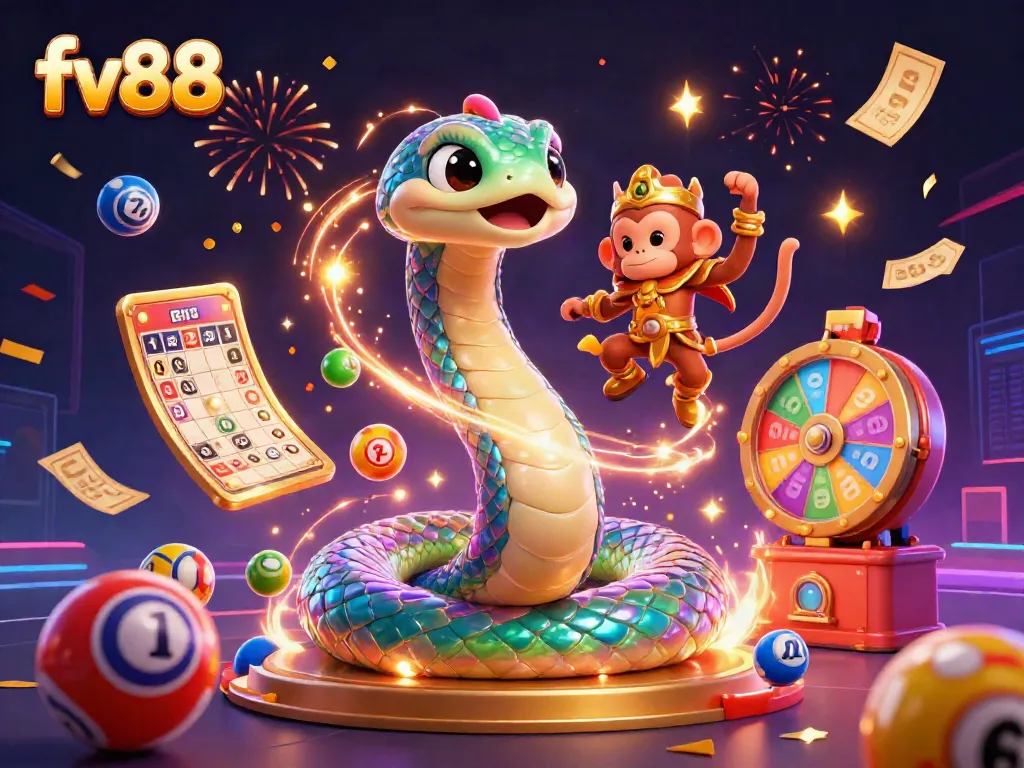 Engage with fv88's thrilling lottery experience surrounded by vibrant game elements and a magical atmosphere.