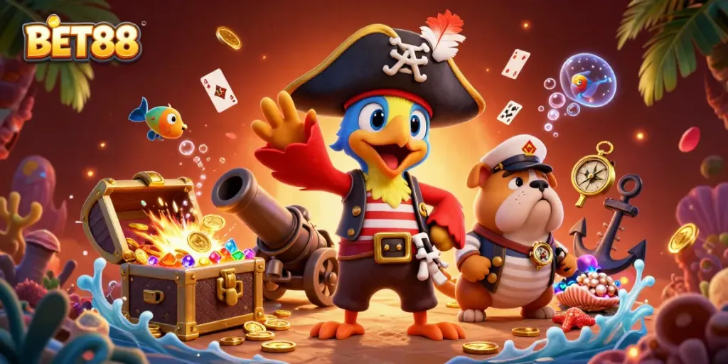 Experience the thrill of BET88 with a vibrant 3D pirate-themed casino scene featuring exciting game elements.