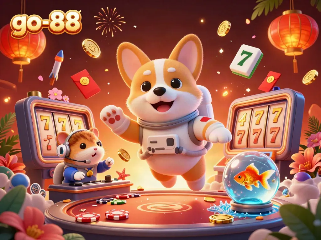 Experience the excitement of go-88 with astronaut corgi and hamster in a vibrant space casino.