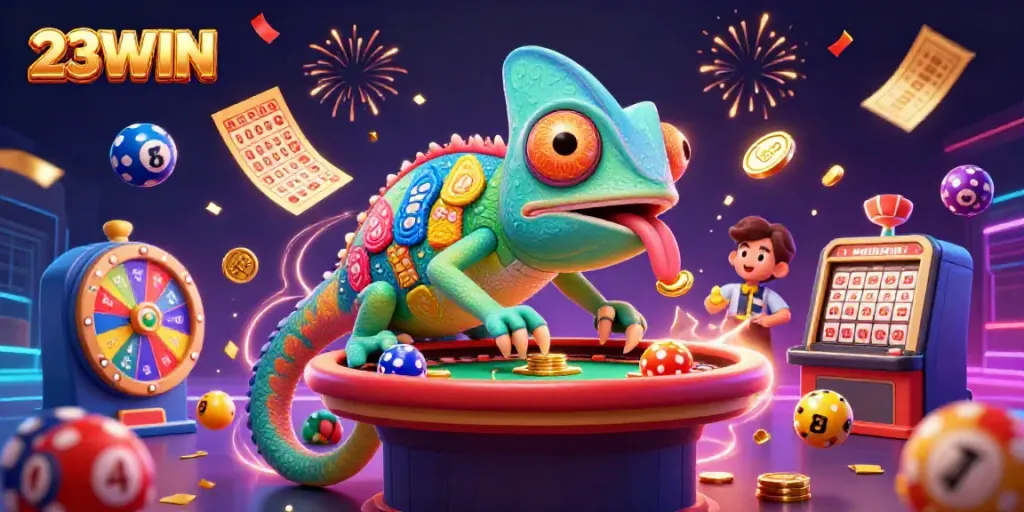 Engage with the vibrant 23WIN casino world in this dynamic 3D scene filled with colorful elements.