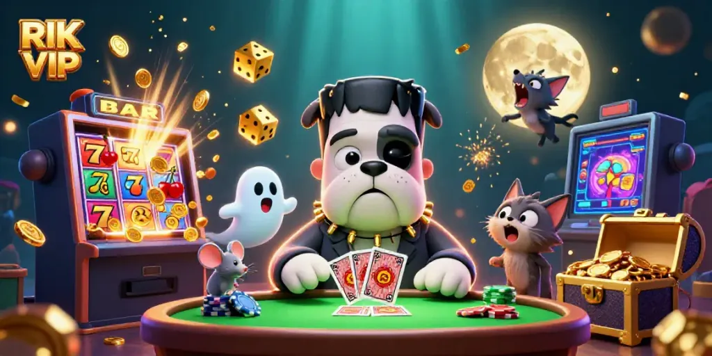 Play cards with the animated RIK VIP characters at a vibrant casino table.