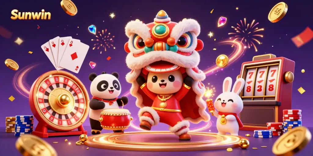 Engaging Sunwin lion dance illustration showcasing excitement and casino elements.