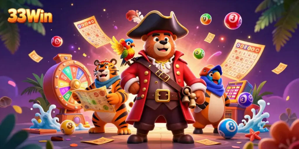 Experience gaming excitement with 33Win's colorful lottery scene featuring dynamic characters and vibrant elements.