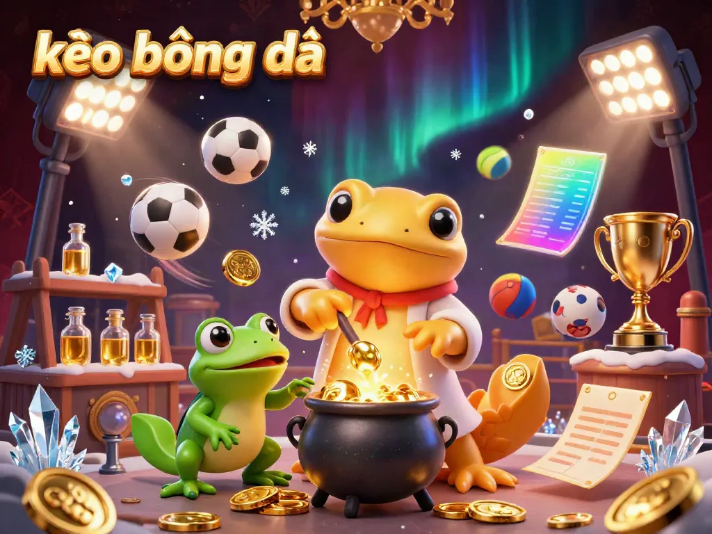 Kèo bóng đá scene with a golden salamander alchemist, frog apprentice, and newt assistants surrounded by flying sports balls and betting slips.