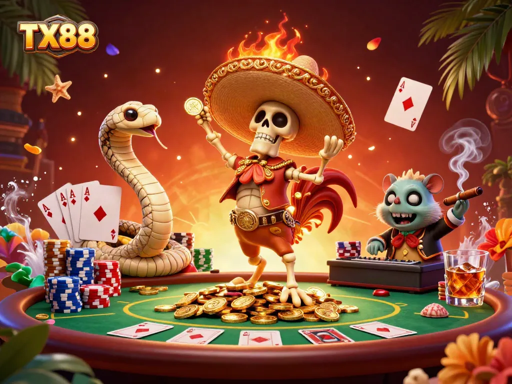 Experience the vibrant energy of TX88 with a lively illustration of animated characters celebrating a casino victory.