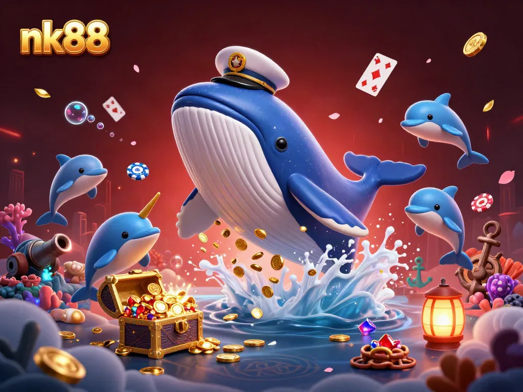 Join the excitement of nk88 with a whimsical scene of cartoon characters celebrating in a casino under the sea.