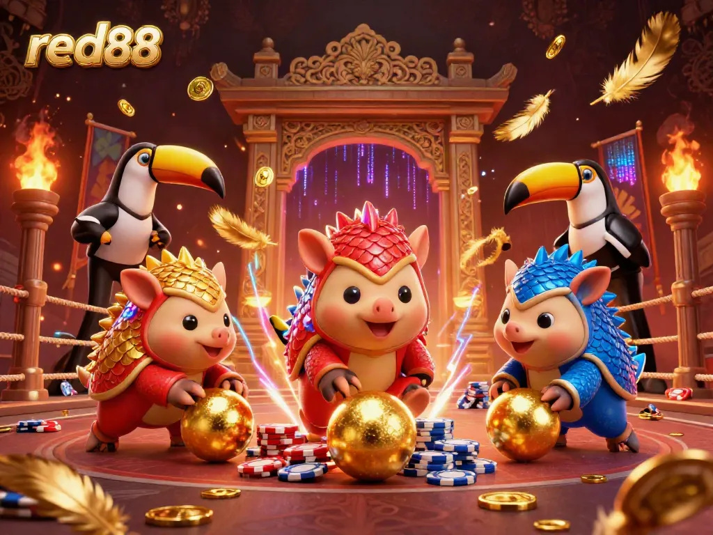 Experience the thrilling action at red88 with 3D pangolins battling in a vibrant casino scene.