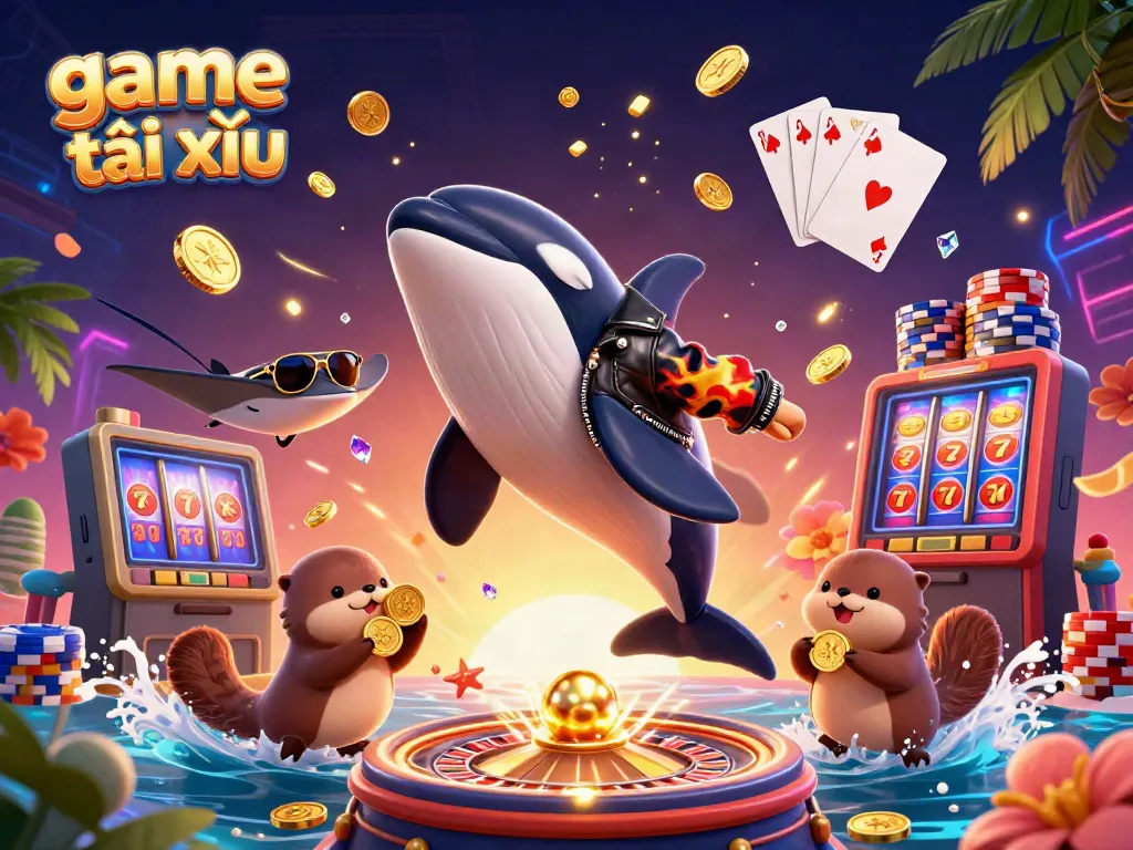 Experience excitement playing game tài xỉu with cartoon characters amid casino-themed elements and golden treasures.