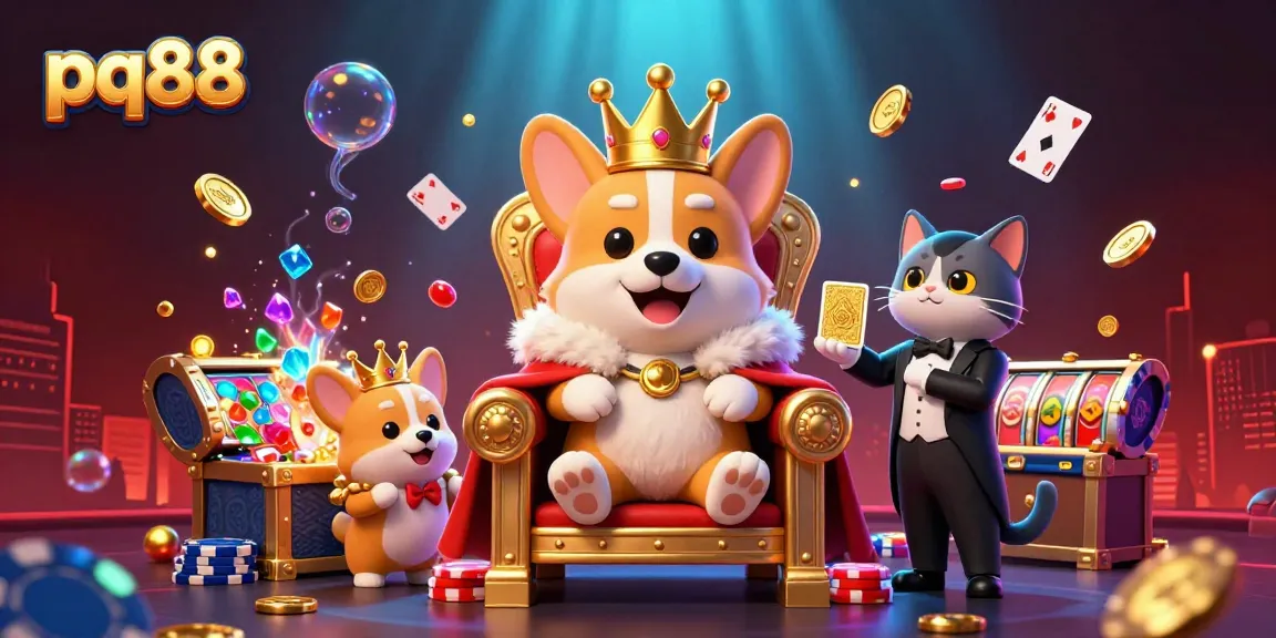 Experience the excitement of pq88 with a royal corgi casino scene featuring poker chips, cards, gold coins, and vibrant characters.
