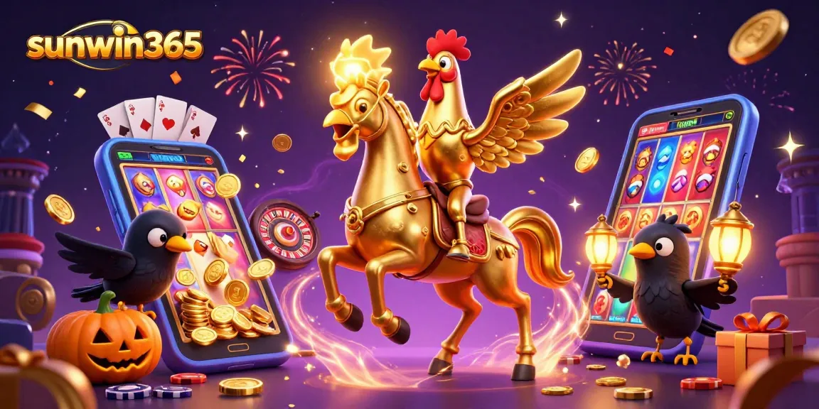 Experience excitement at sunwin365 where golden rooster heads a vibrant casino scene with slots and tokens.