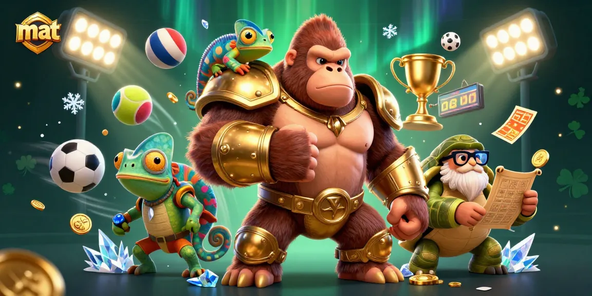 Experience thrilling sports betting action at mat, featuring a gorilla king with a chameleon and wise tortoise!