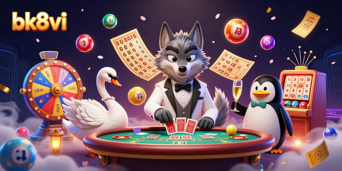 Experience vibrant casino excitement with bk8vi's playful characters at a baccarat table.