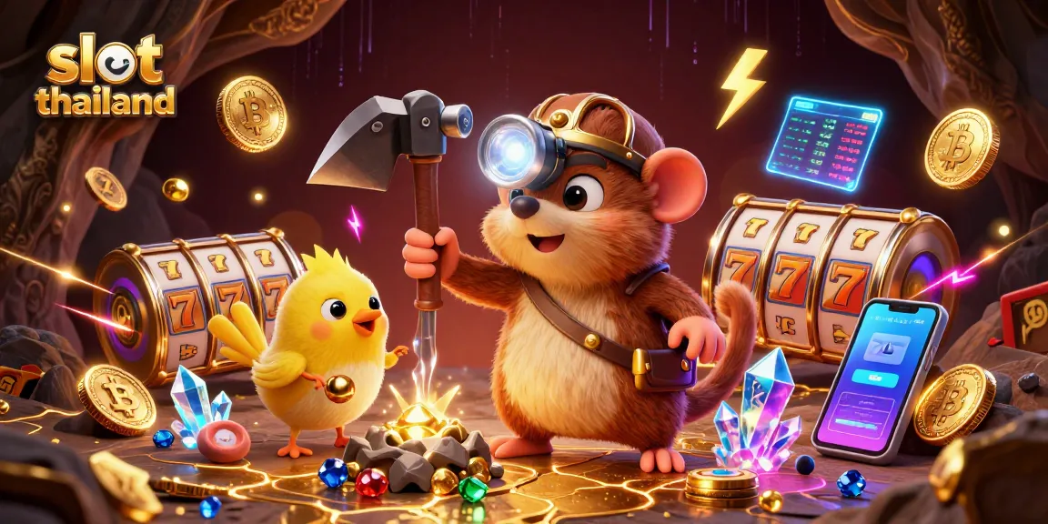 Play exciting slot thailand games with animated treasure hunter and glowing treasures.