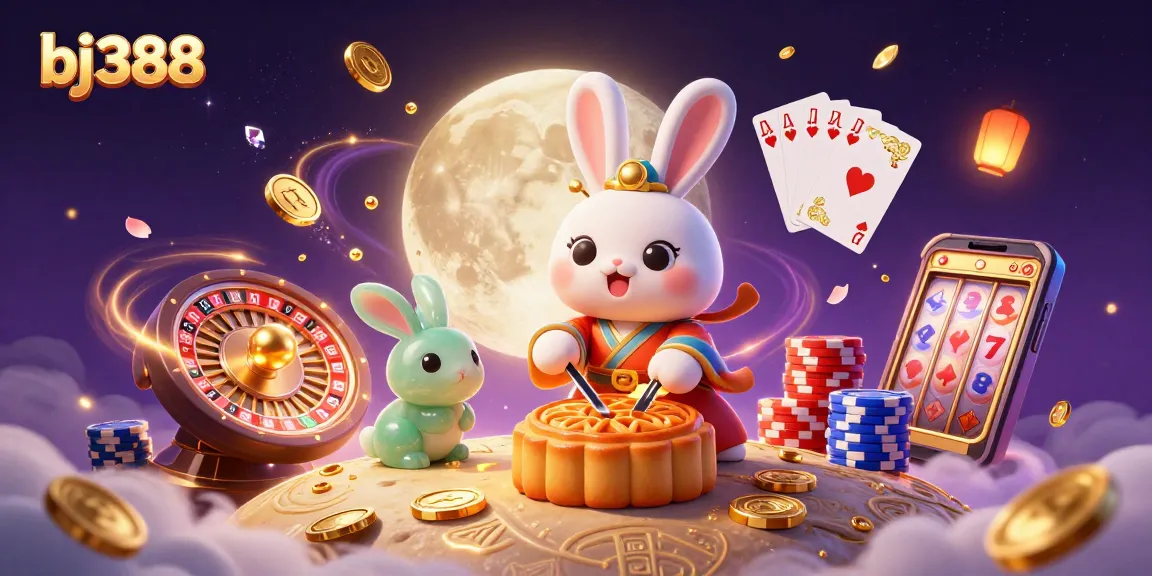 Experience the excitement of gaming with bj388's 3D illustration of a moon rabbit revealing poker chips.