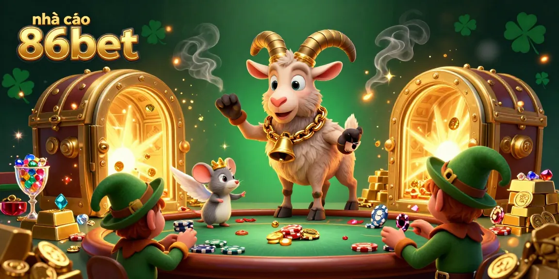 Engage with the exciting world of nhà cái 86bet, showcasing a lively 3D casino scene filled with vibrant characters and rich treasures.