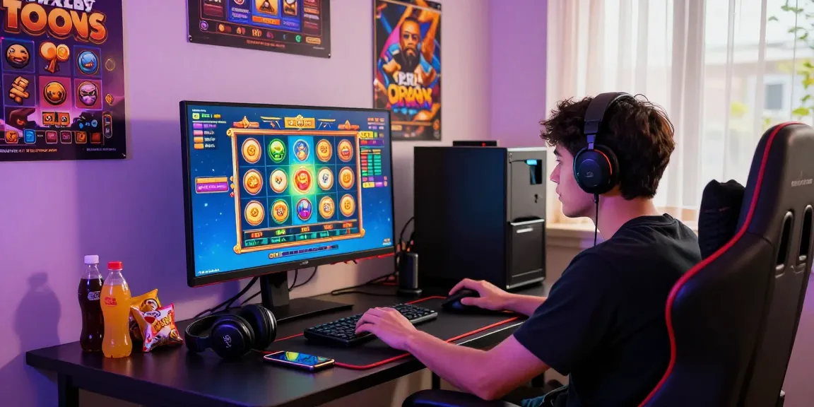 situs slot deposit 10 ribu gaming scene with an enthusiastic player at a modern desk