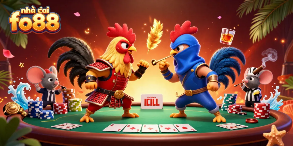 Experience the thrill of nhà cái fo88 with epic rooster battles and casino elements in a vibrant 3D illustration.
