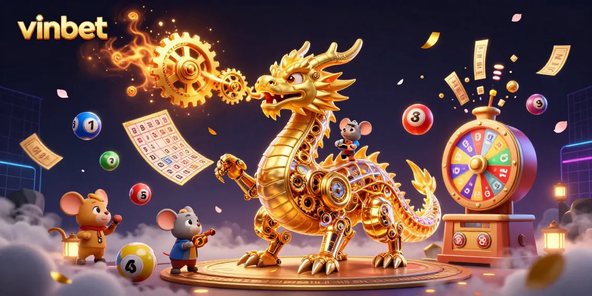 Experience the thrill with vinbet's 3D cartoon dragon amidst vibrant gambling elements.