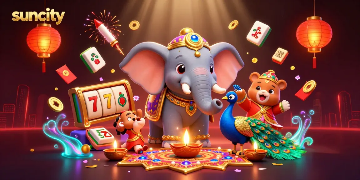 Experience the thrill of Suncity with vibrant slot reels and lively casino elements in a dynamic scene.