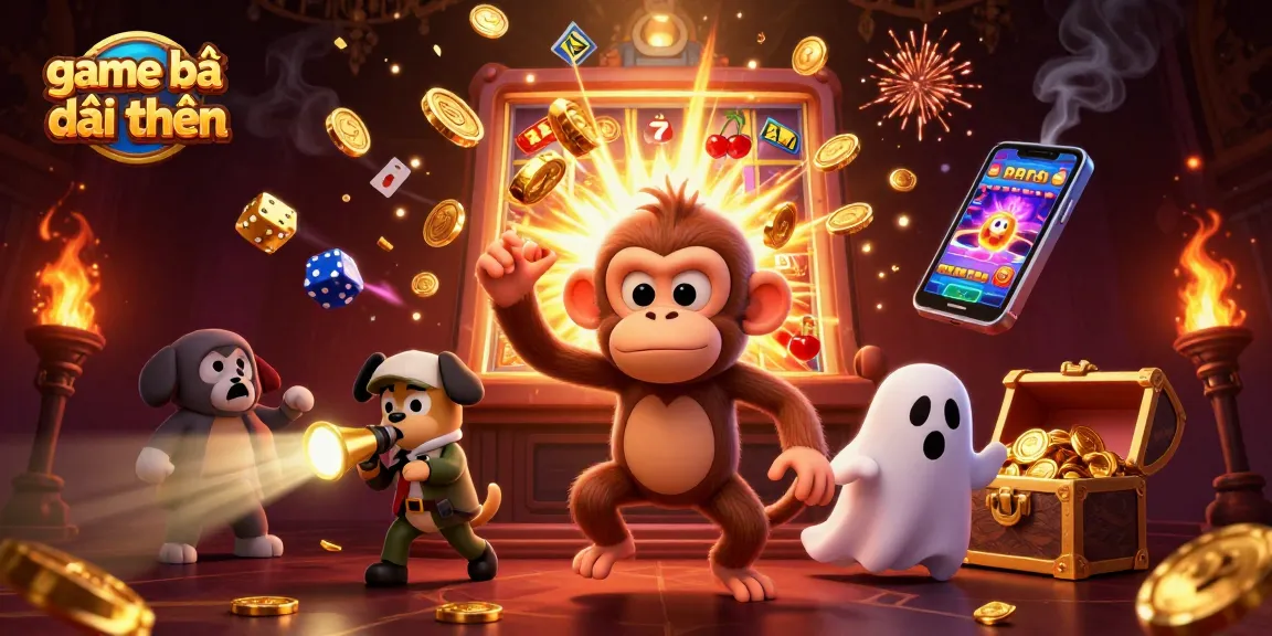 Experience thrilling gameplay in game bài đổi thưởng as a mischievous poltergeist monkey juggles shining coins and chips in a haunted casino.