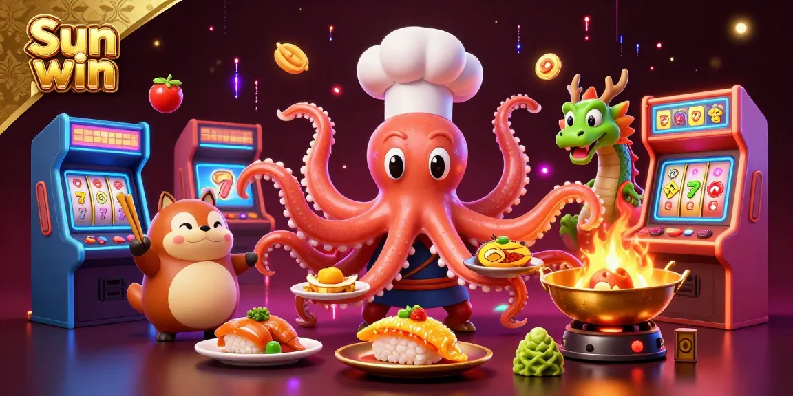 Play exciting Sun win games with a cartoon octopus chef, a dragon, and a tanuki in a lively casino