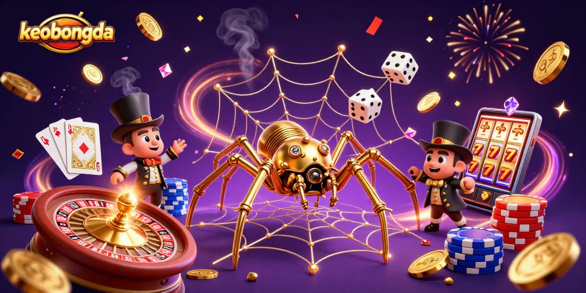 Bet on keobongda's thrilling betting experience with a steampunk spider illustration.