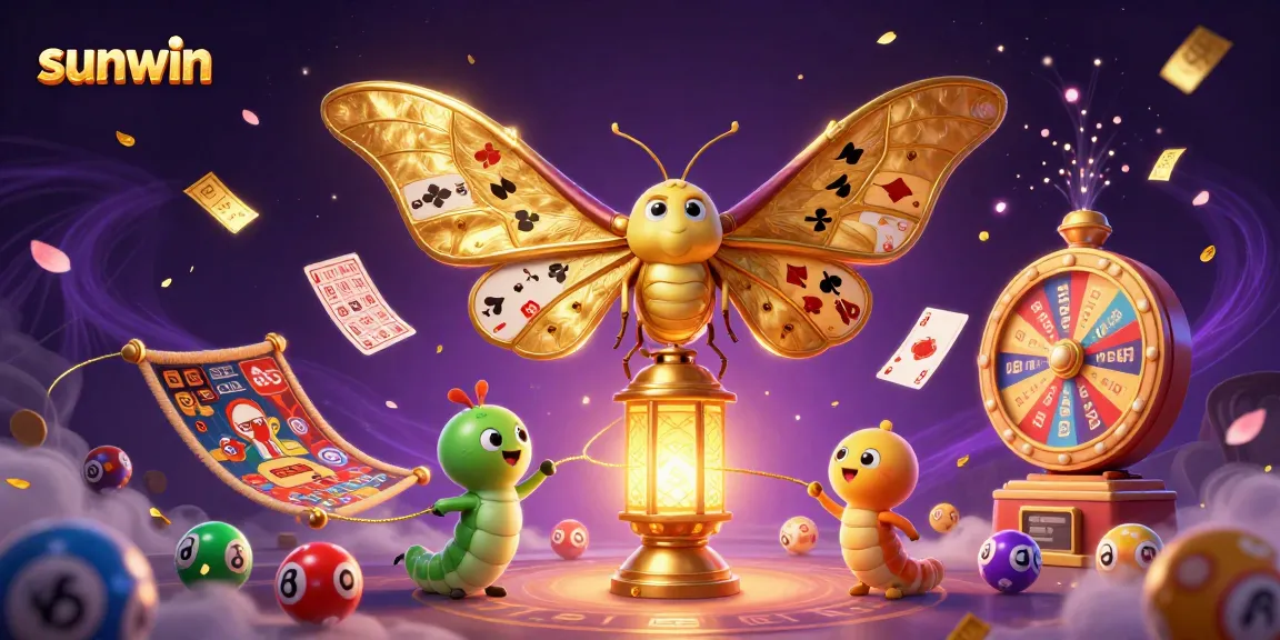Experience the excitement of sunwin with colorful lottery balls and casino scenes around a golden moth.