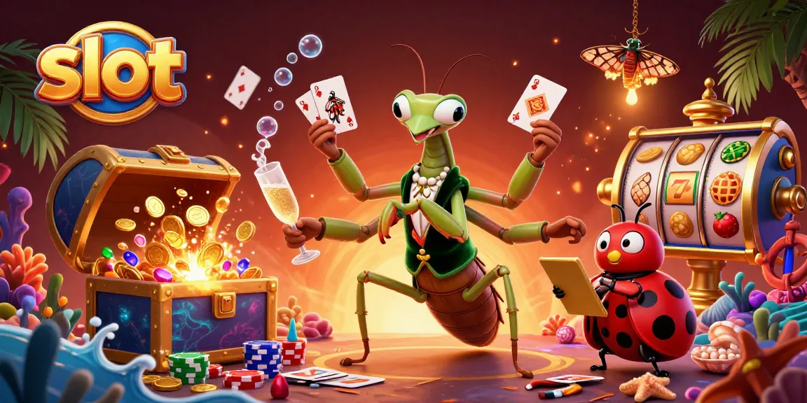 Experience thrilling slot action with a giant praying mantis card sharp and ladybug pit boss in an exciting casino scene.