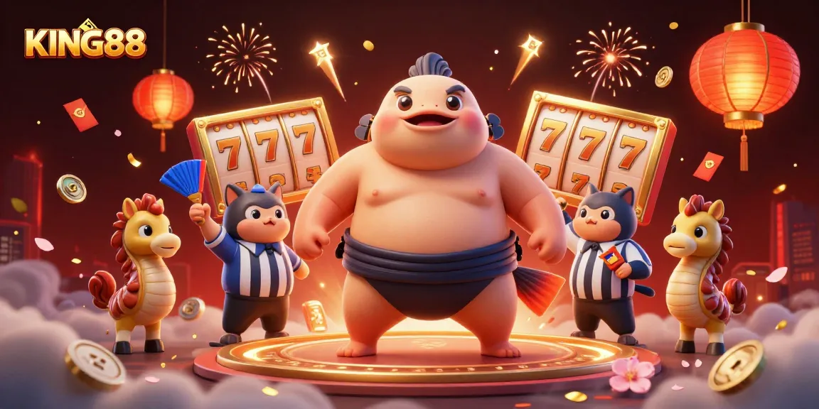 KING88 offers a vibrant casino atmosphere featuring a blowfish, catfish referee, and celebratory elements.