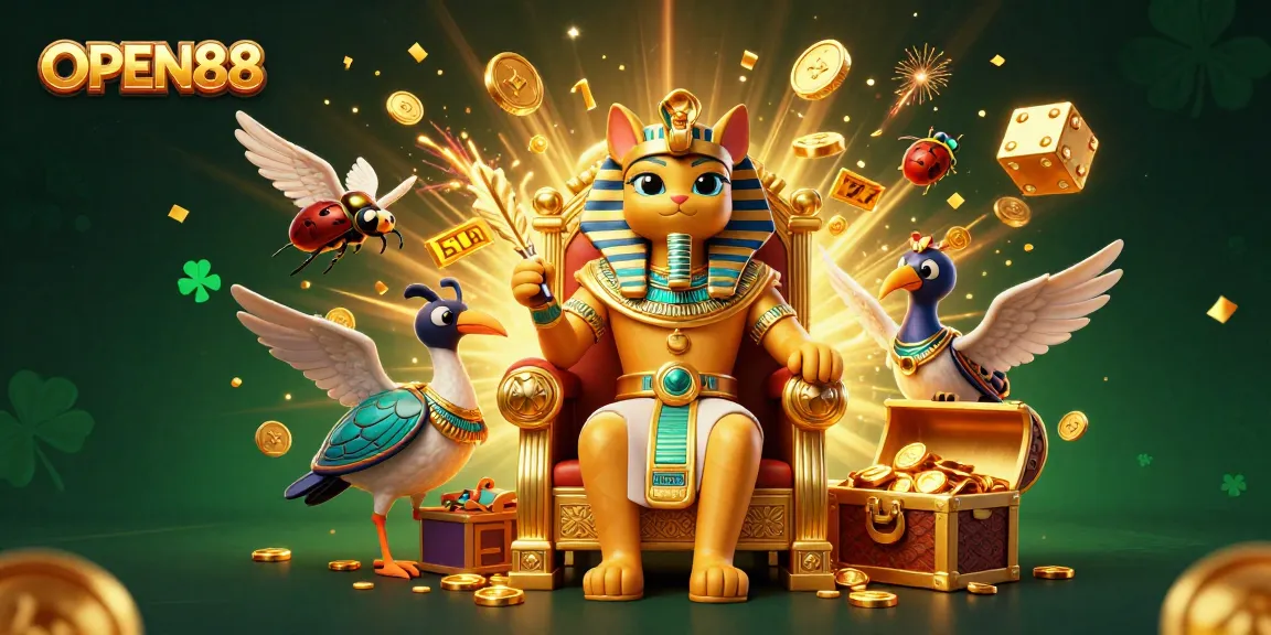 Experience the thrill of winning with OPEN88's vibrant 3D casino scene featuring pharaoh cat and jackpot elements.