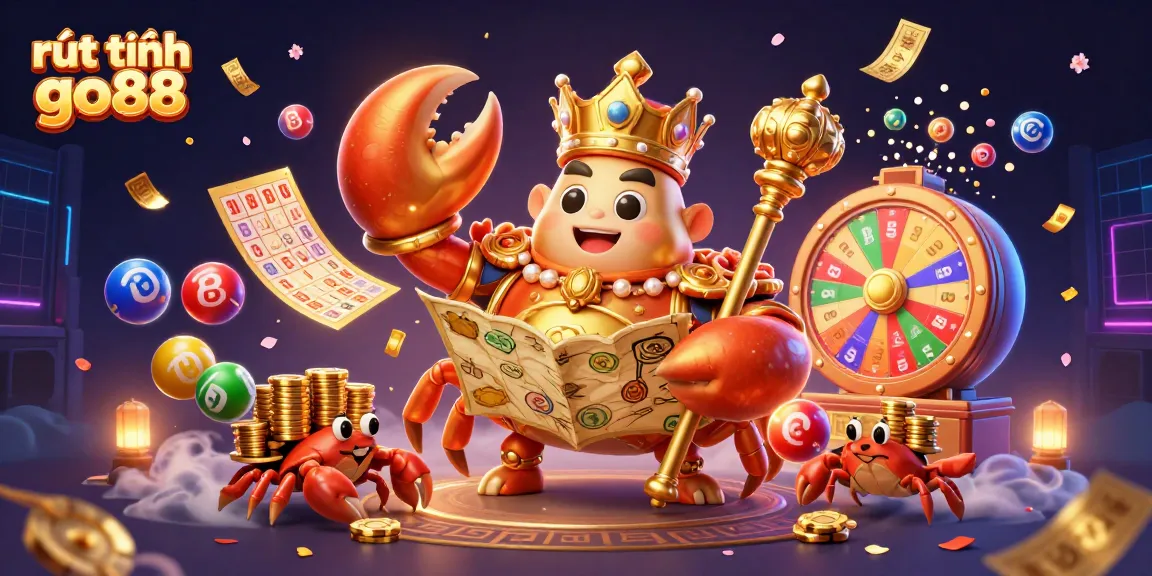 Experience rút tiền go88 with this vibrant illustration showcasing a golden crab emperor amidst a dynamic casino gaming scene.