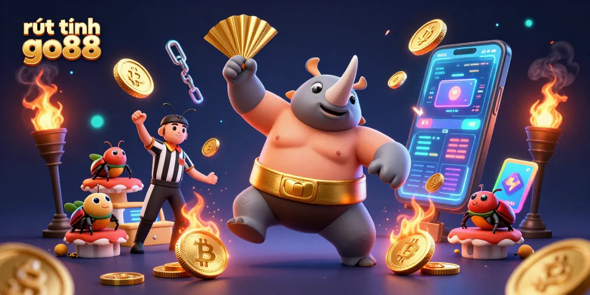 Experience rapid rút tiền go88 with vibrant 3D visuals of a beetle sumo champion surrounded by crypto elements.